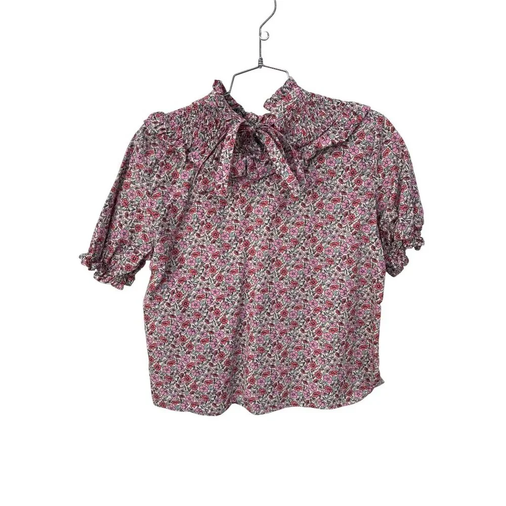 Zara Blouse Size Small Floral Smocked Ruffled High Neck Short Sleeves Bohemian